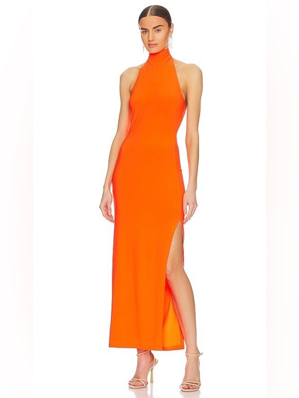 Norma Kamali Halter Turtle Side Slit Gown in Orange Size S 36